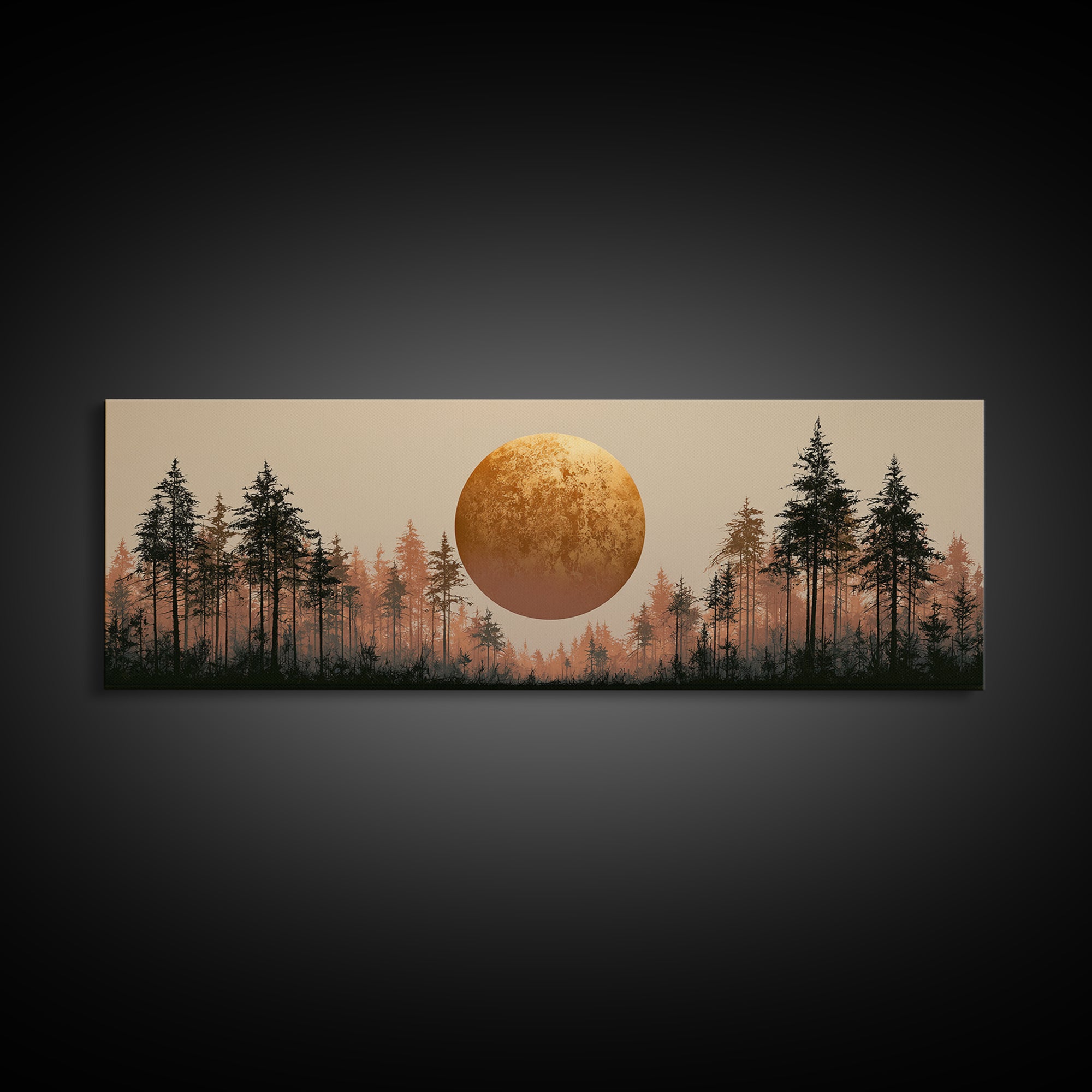 Minimal Sun over Pine Forest Framed Canvas Print, Scandinavian Art, Statement Artwork, Living Room Decor, Fine Art, Nordic, SCA-3x1-81