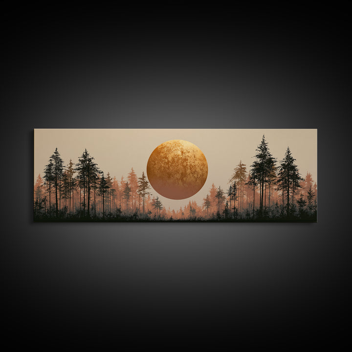 Minimal Sun over Pine Forest Framed Canvas Print, Scandinavian Art, Statement Artwork, Living Room Decor, Fine Art, Nordic, SCA-3x1-81