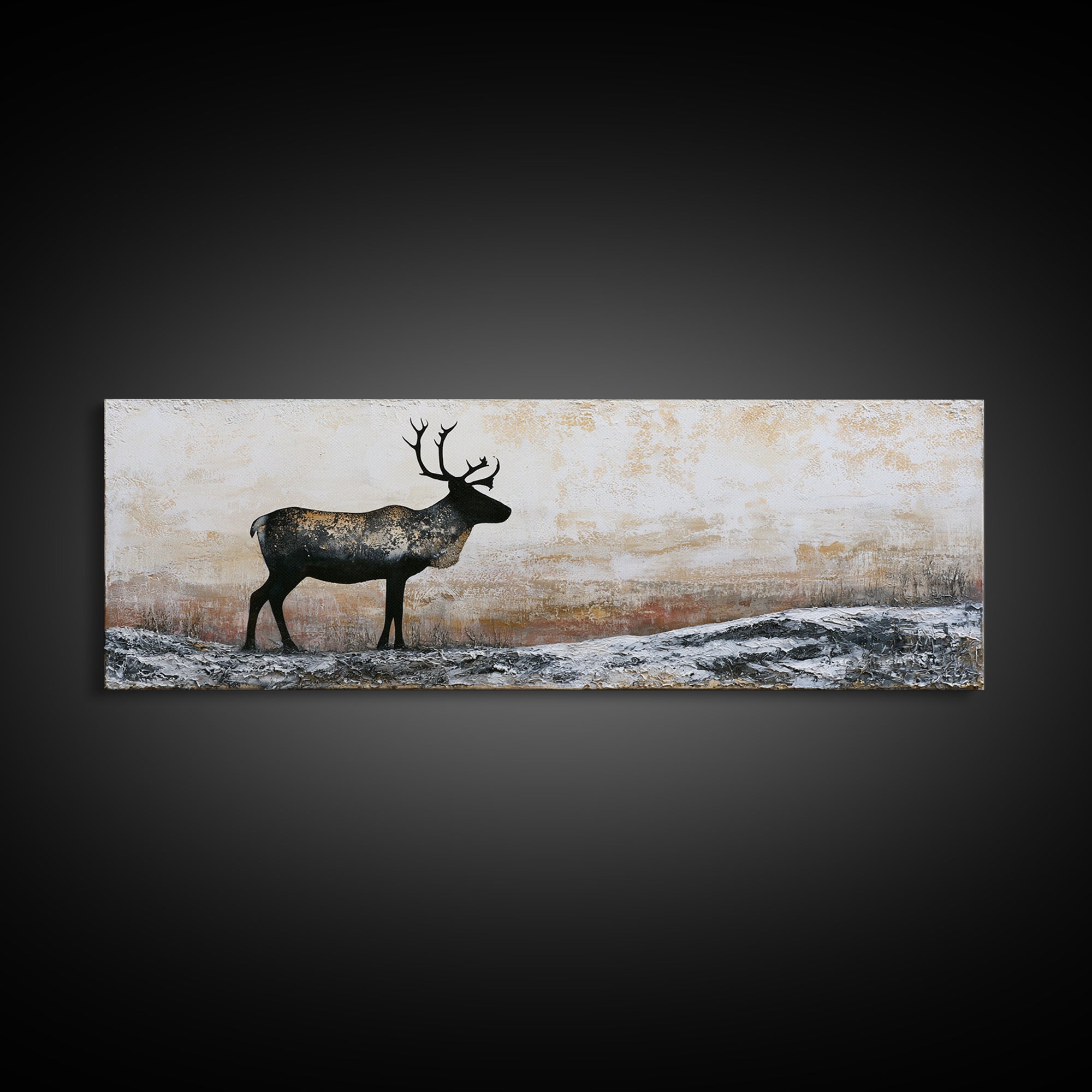 Reindeer Silhouette in Snowy Landscape Canvas Print, Scandinavian Art, Modern Art, Living Room Decor, Fine Art, Nordic, SCA-3x1-94