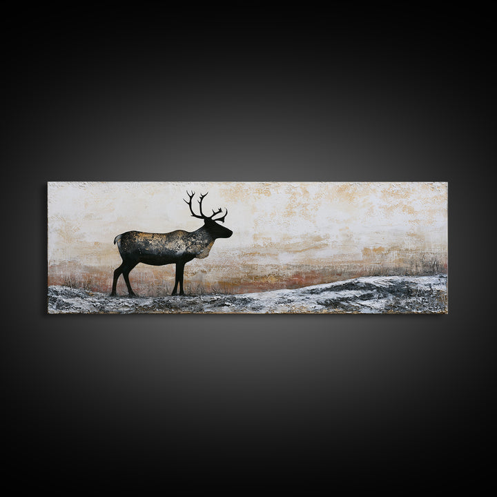 Reindeer Silhouette in Snowy Landscape Canvas Print, Scandinavian Art, Modern Art, Living Room Decor, Fine Art, Nordic, SCA-3x1-94