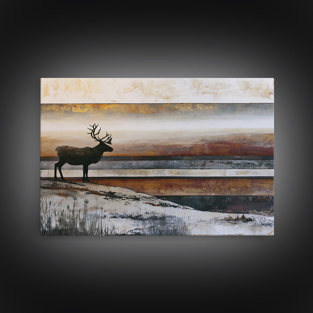 Reindeer Silhouette in Snowy Landscape Framed Canvas Print, Scandinavian Art, Boho Wall Decor, Living Room Decor, Oil Painting, SCA-3x2-10