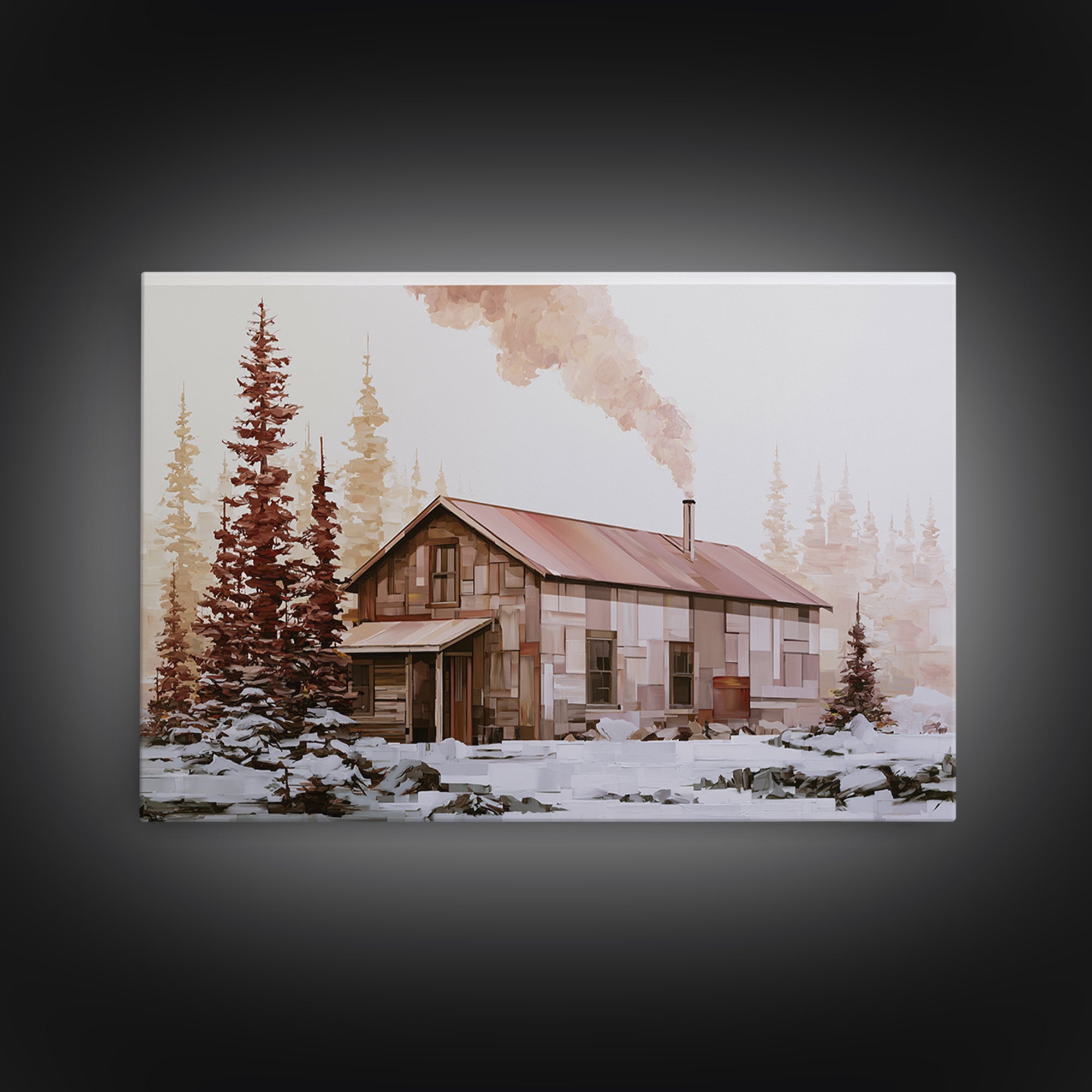 Winter Cabin Smoke Canvas Print, Scandinavian Art, Boho Wall Art, Living Room Decor, Oil Painting, Nordic, Modern Decor, SCA-3x2-22