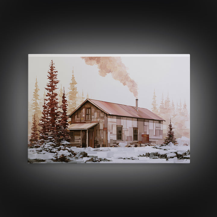 Winter Cabin Smoke Canvas Print, Scandinavian Art, Boho Wall Art, Living Room Decor, Oil Painting, Nordic, Modern Decor, SCA-3x2-22