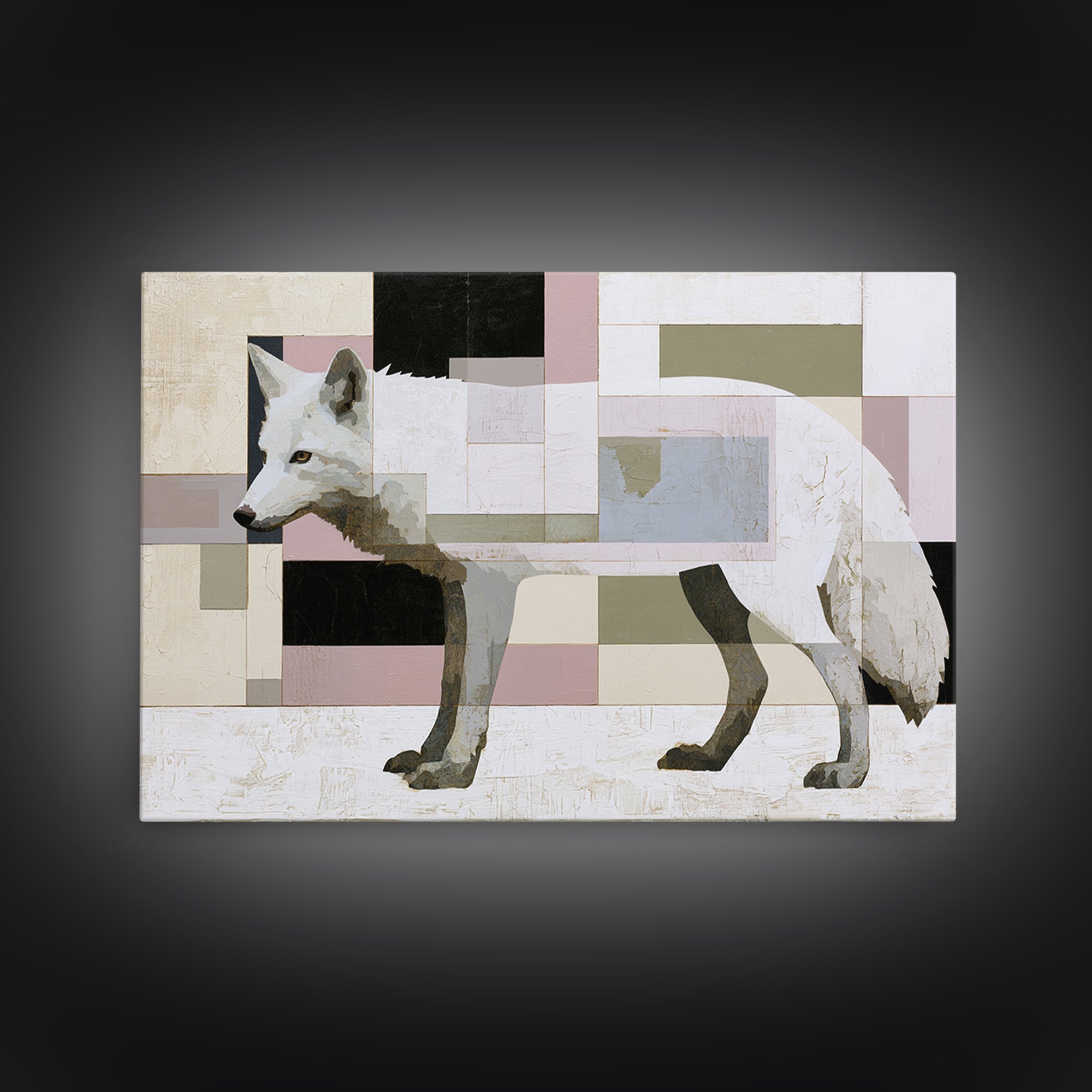 White Fox in Quiet Snow Framed Canvas Print, Scandinavian Art, Textured Painting, Living Room Decor, Oil Painting, Nordic, SCA-3x2-40