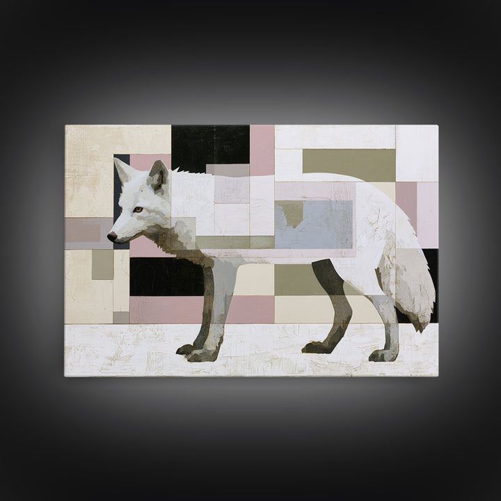White Fox in Quiet Snow Framed Canvas Print, Scandinavian Art, Textured Painting, Living Room Decor, Oil Painting, Nordic, SCA-3x2-40