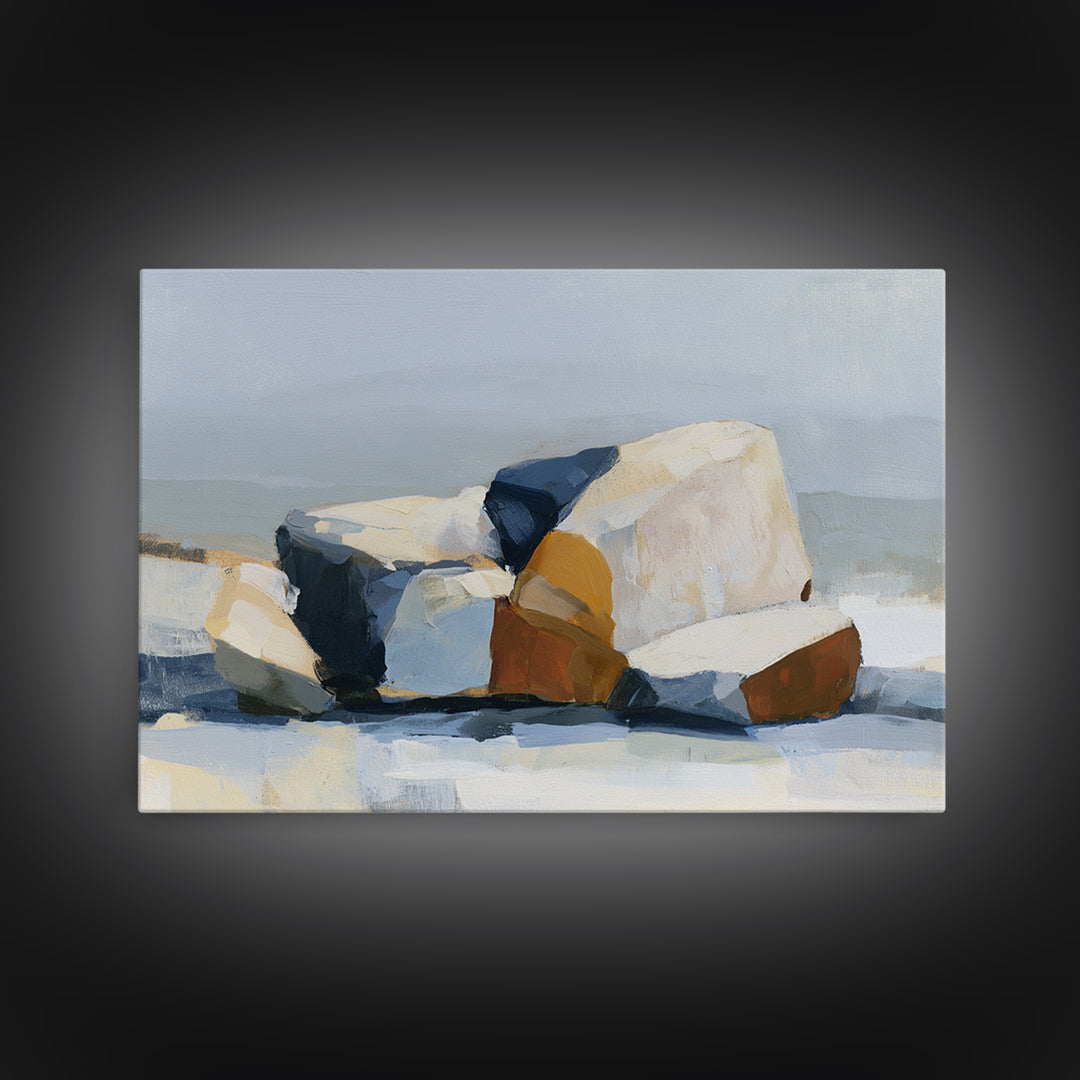 Quiet Coastal Rocks and Gray Sea Canvas Print, Scandinavian Art, Printable, Living Room Decor, Nordic, Abstract Wall Art, SCA-3x2-51