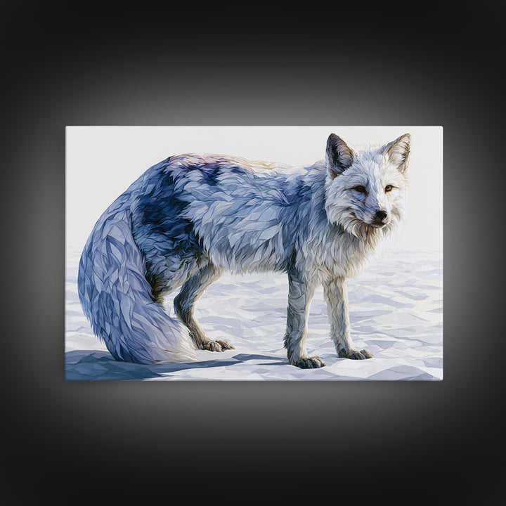 White Fox in Quiet Snow Framed Canvas Print, Scandinavian Art, Mid Century Modern, Living Room Decor, Abstract Art, Nordic, SCA-3x2-64
