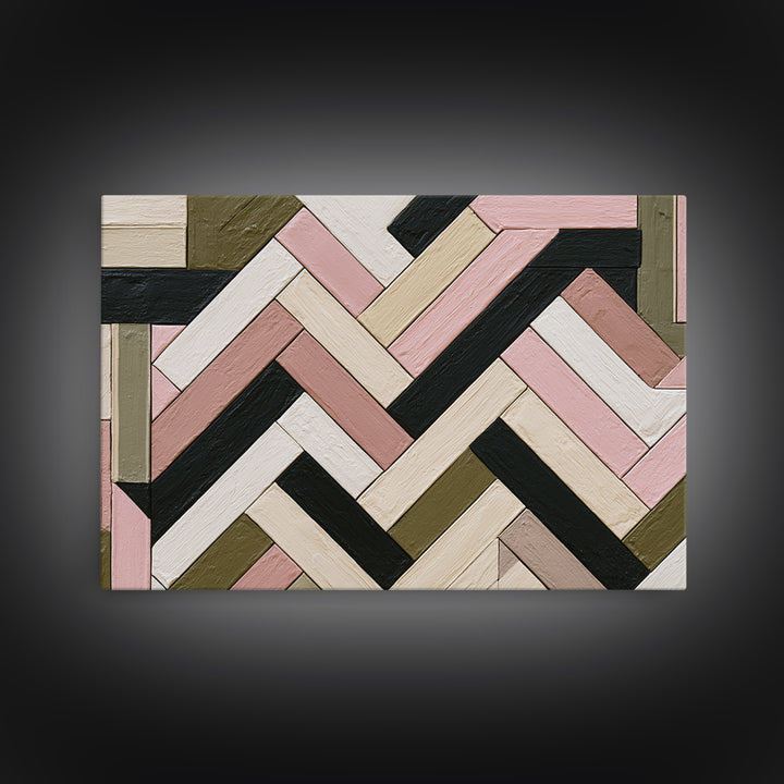 Herringbone Monochrome Pattern Framed Canvas Print, Scandinavian Art, Abstract Painting, Living Room Decor, Oil Painting, SCA-3x2-74