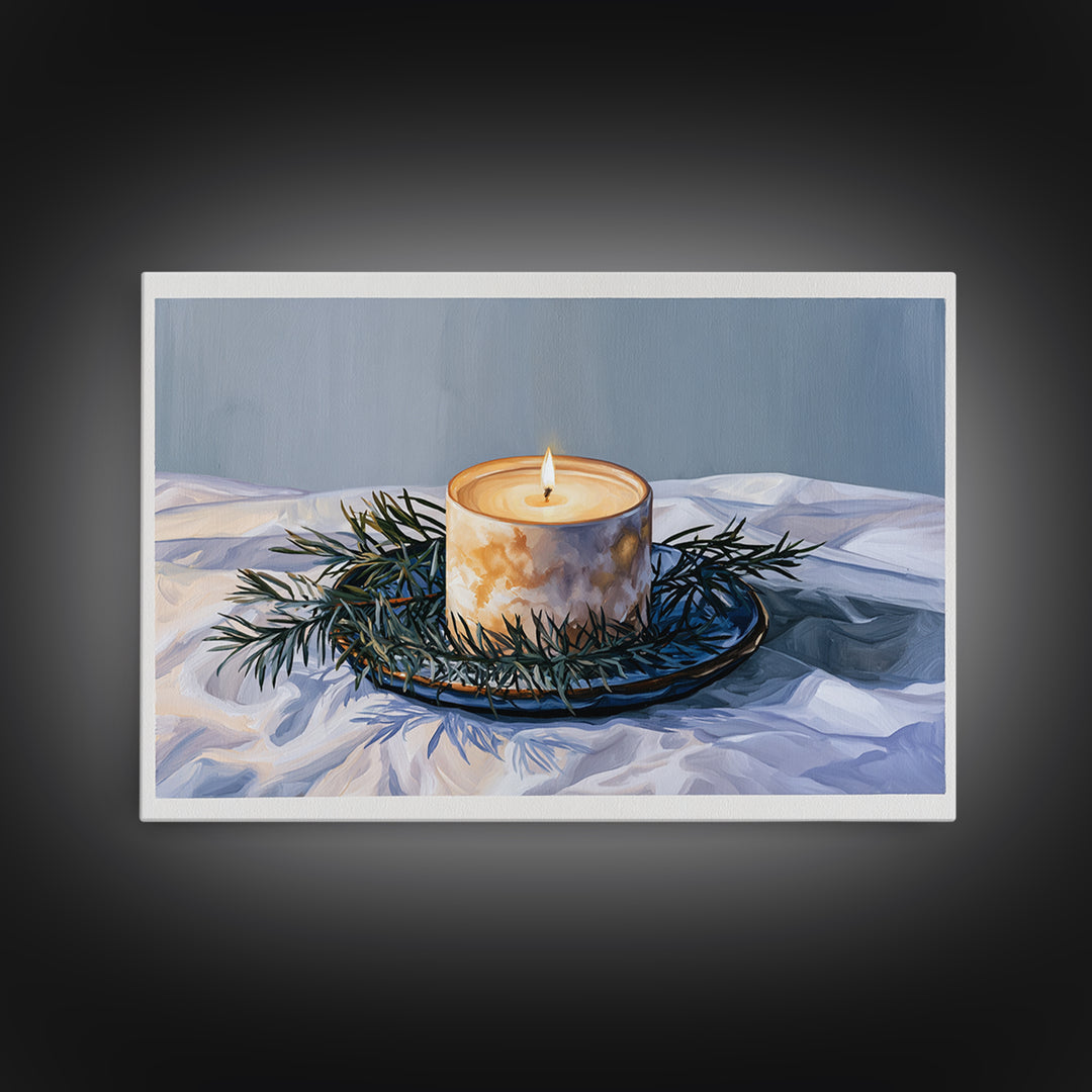 Hygge Candle and Pine Branch Still Life Framed Canvas Print, Scandinavian Art, Gallery Decor, Living Room Decor, Nordic, SCA-3x2-8