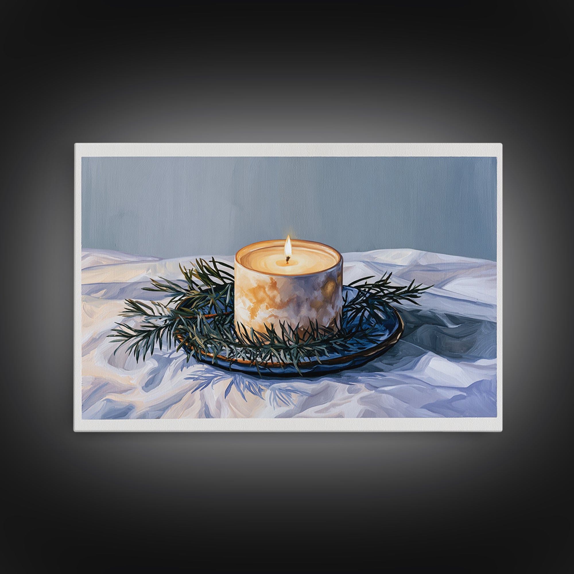 Hygge Candle and Pine Branch Still Life Framed Canvas Print, Scandinavian Art, Gallery Decor, Living Room Decor, Nordic, SCA-3x2-8