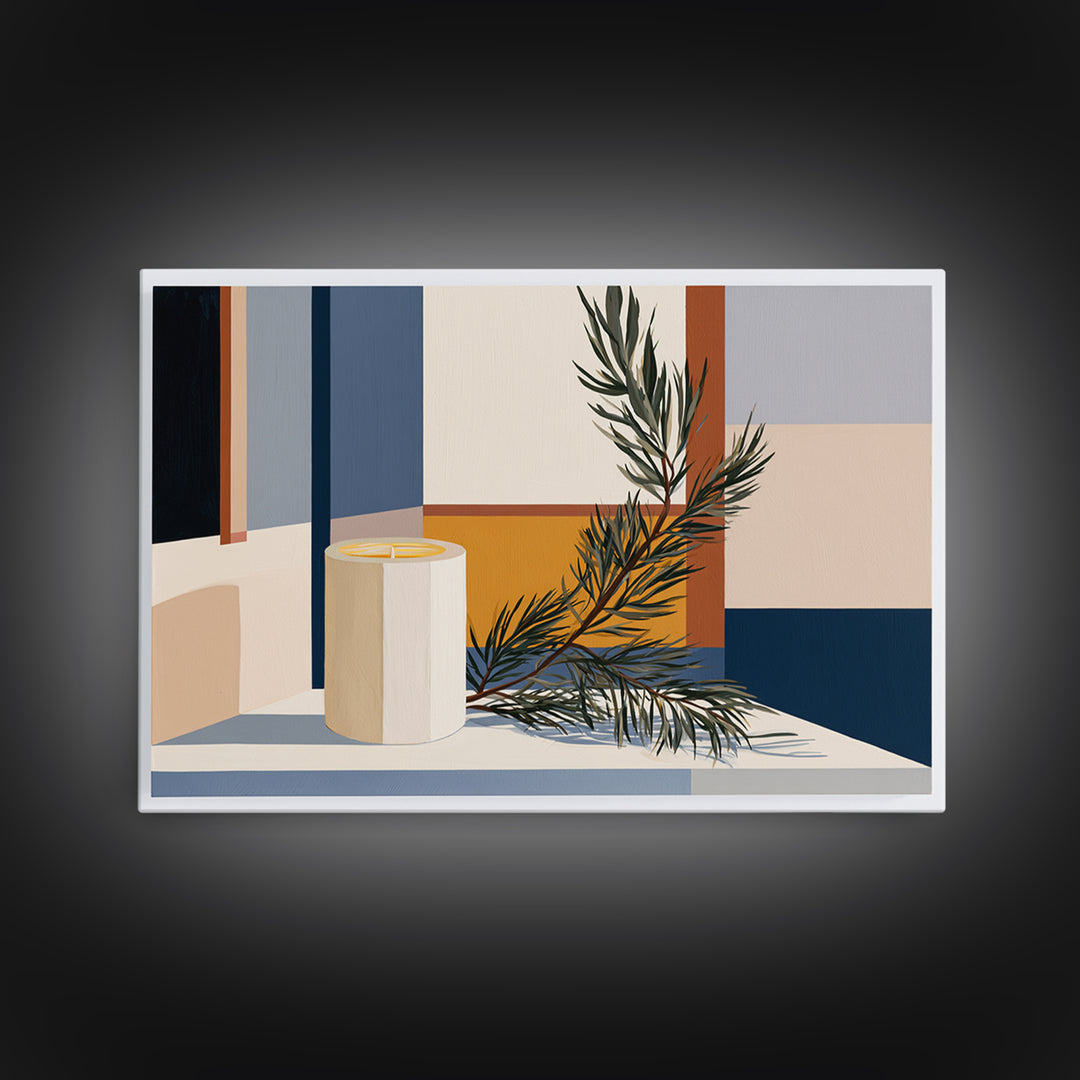 Hygge Candle and Pine Branch Still Life Framed Canvas Print, Scandinavian Art, Digital Wall Art, Living Room Decor, Nordic, SCA-3x2-80