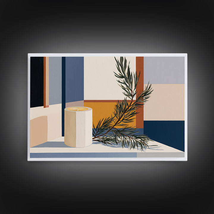 Hygge Candle and Pine Branch Still Life Framed Canvas Print, Scandinavian Art, Digital Wall Art, Living Room Decor, Nordic, SCA-3x2-80