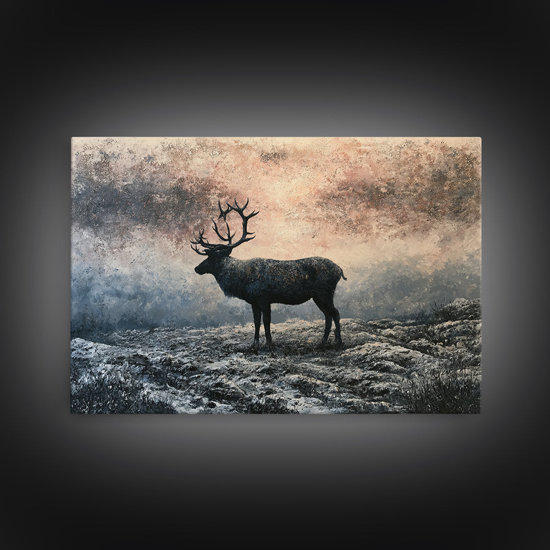Reindeer Silhouette in Snowy Landscape Framed Canvas Print, Scandinavian Art, Statement Artwork, Living Room Decor, Nordic, SCA-3x2-82