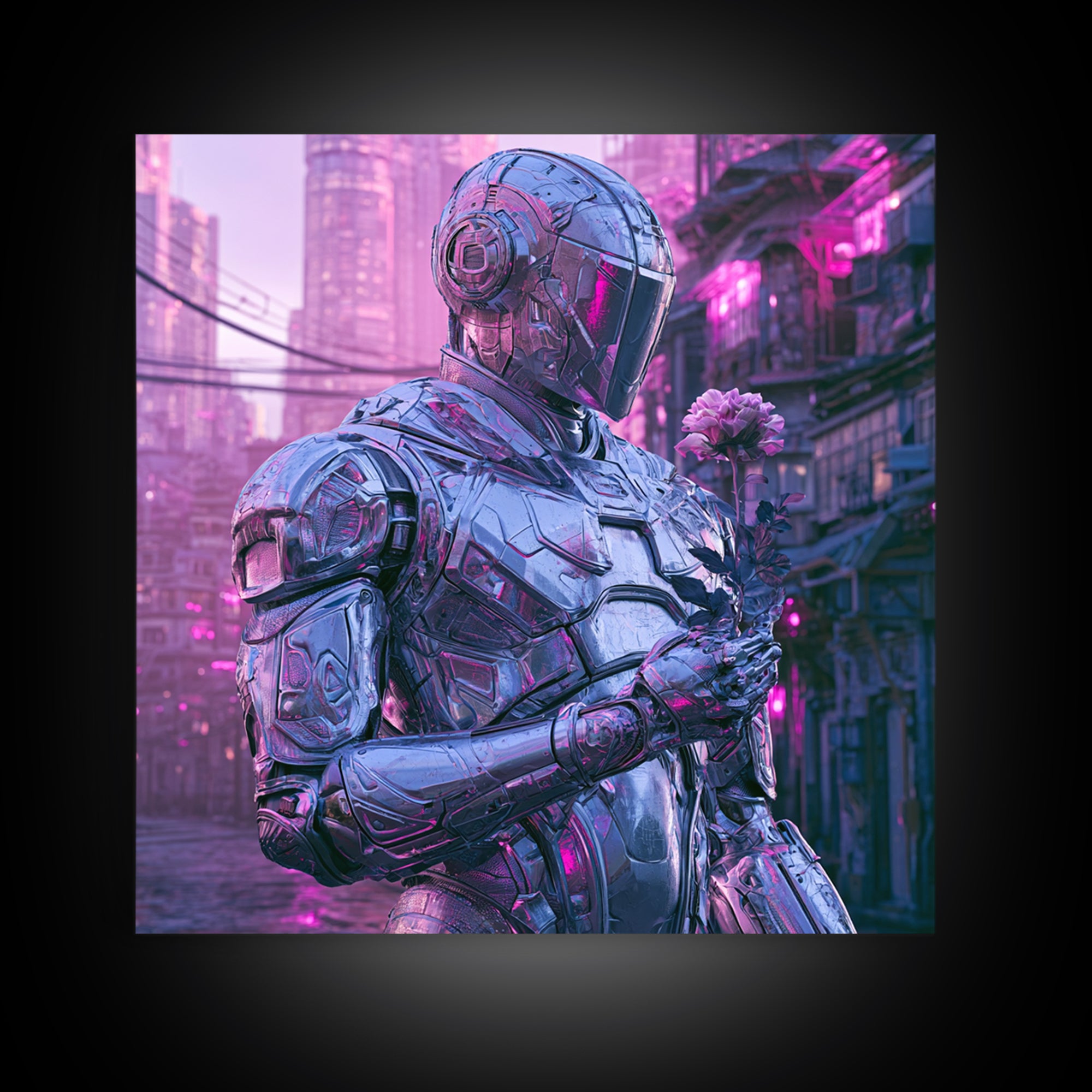 Silver Android Holding a Flower Canvas Print, Scifi Art, Space Art, Living Room Decor, Fine Art, Orbit, Luxury Decor, SCI-1x1-14