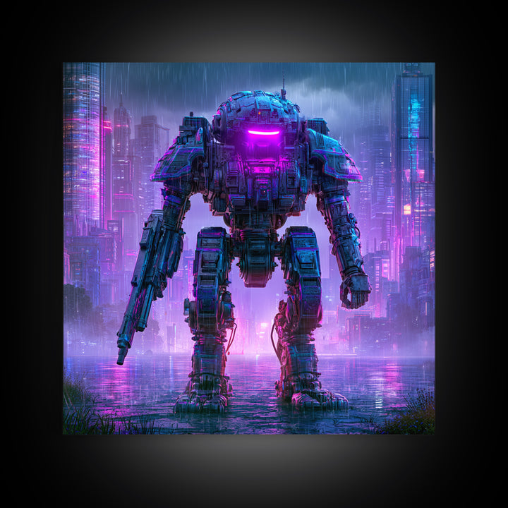Mech Silhouette in Rainy Neon City Canvas Print, Scifi Art, Retro Wall Art, Living Room Decor, Oil Painting, Orbit, Fantasy Art, SCI-1x1-15