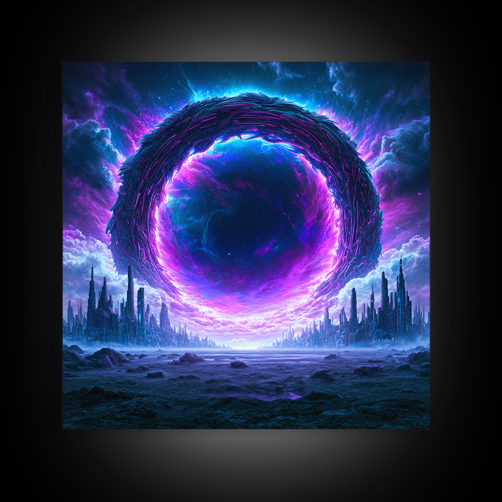 Wormhole Opening over Barren Landscape Canvas Print, Scifi Art, Gallery Decor, Living Room Decor, Fine Art, Orbit, Wall Art, SCI-1x1-17