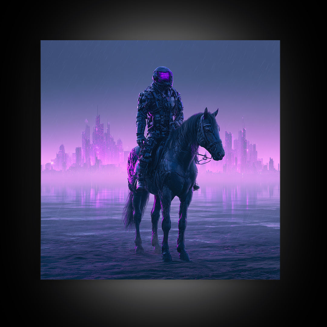 Space Explorer Horse Rider on Distant Planet Framed Canvas Print, Scifi Art, Neutral Decor, Living Room Decor, Fine Art, Orbit, SCI-1x1-21