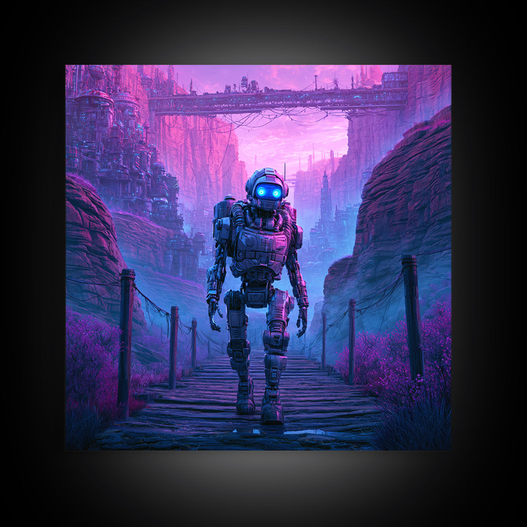 Robot Companion Crossing a Red Canyon Framed Canvas Print, Scifi Art, Decor, Living Room Decor, Orbit, Mid Century Art, SCI-1x1-28