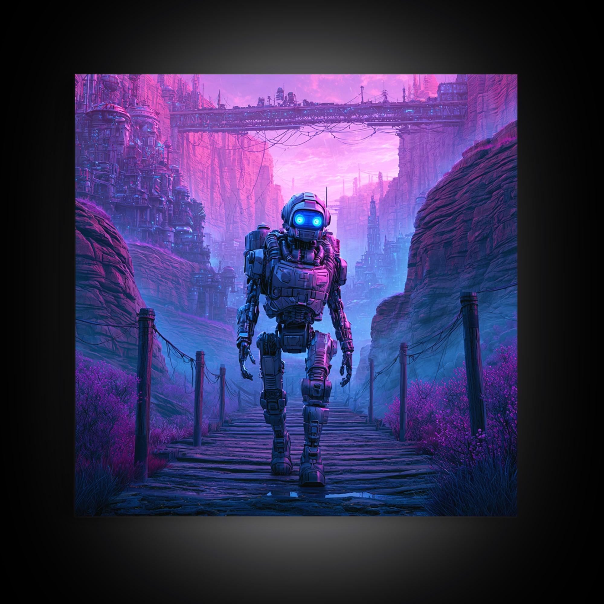 Robot Companion Crossing a Red Canyon Framed Canvas Print, Scifi Art, Decor, Living Room Decor, Orbit, Mid Century Art, SCI-1x1-28