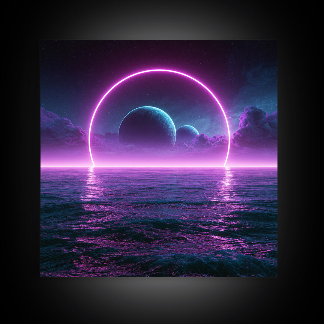 Alien Ocean with Two Moons Framed Canvas Print, Scifi Art, Boho Decor, Living Room Decor, Fine Art, Orbit, Wall Decor, SCI-1x1-37