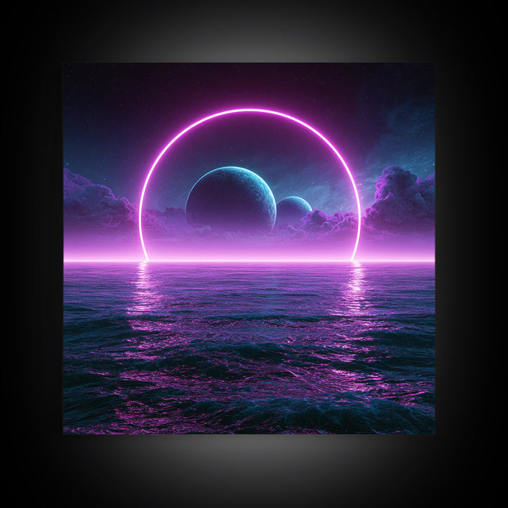 Alien Ocean with Two Moons Framed Canvas Print, Scifi Art, Boho Decor, Living Room Decor, Fine Art, Orbit, Wall Decor, SCI-1x1-37