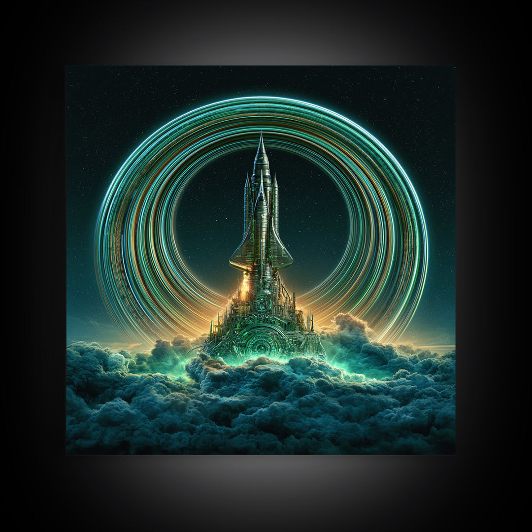 Retro Rocket Launching Through Cloud Rings Framed Canvas Print, Scifi Art, Boho Decor, Living Room Decor, Oil Painting, Orbit, SCI-1x1-79
