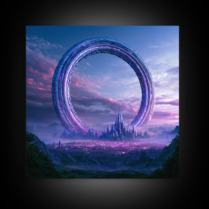 Giant Ring World Seen from a Valley Framed Canvas Print, Scifi Art, Fine Art Print, Living Room Decor, Fine Art, Orbit, SCI-1x1-80
