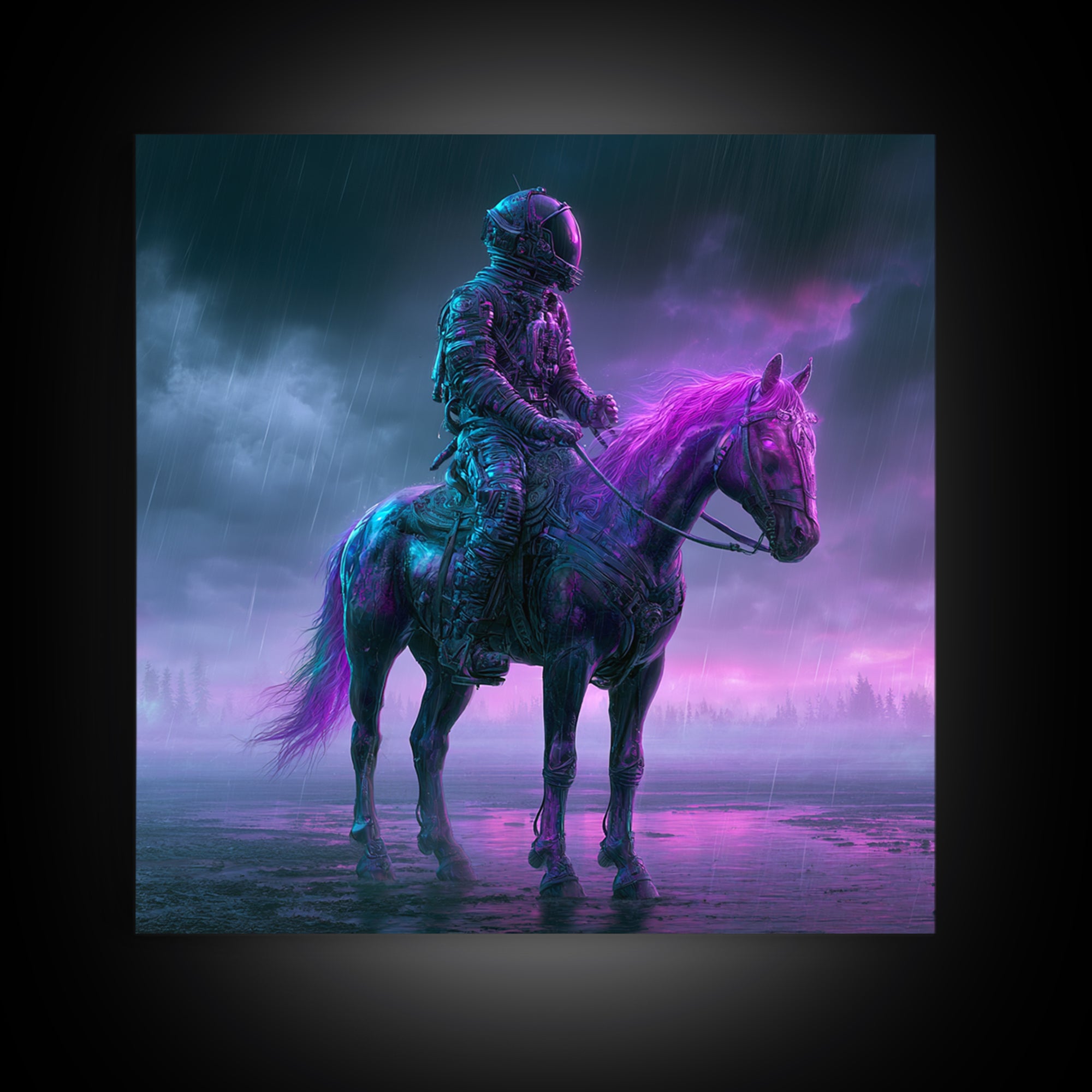Space Explorer Horse Rider on Distant Planet Framed Canvas Print, Scifi Art, Wall Art, Living Room Decor, Oil Painting, Orbit, SCI-1x1-93