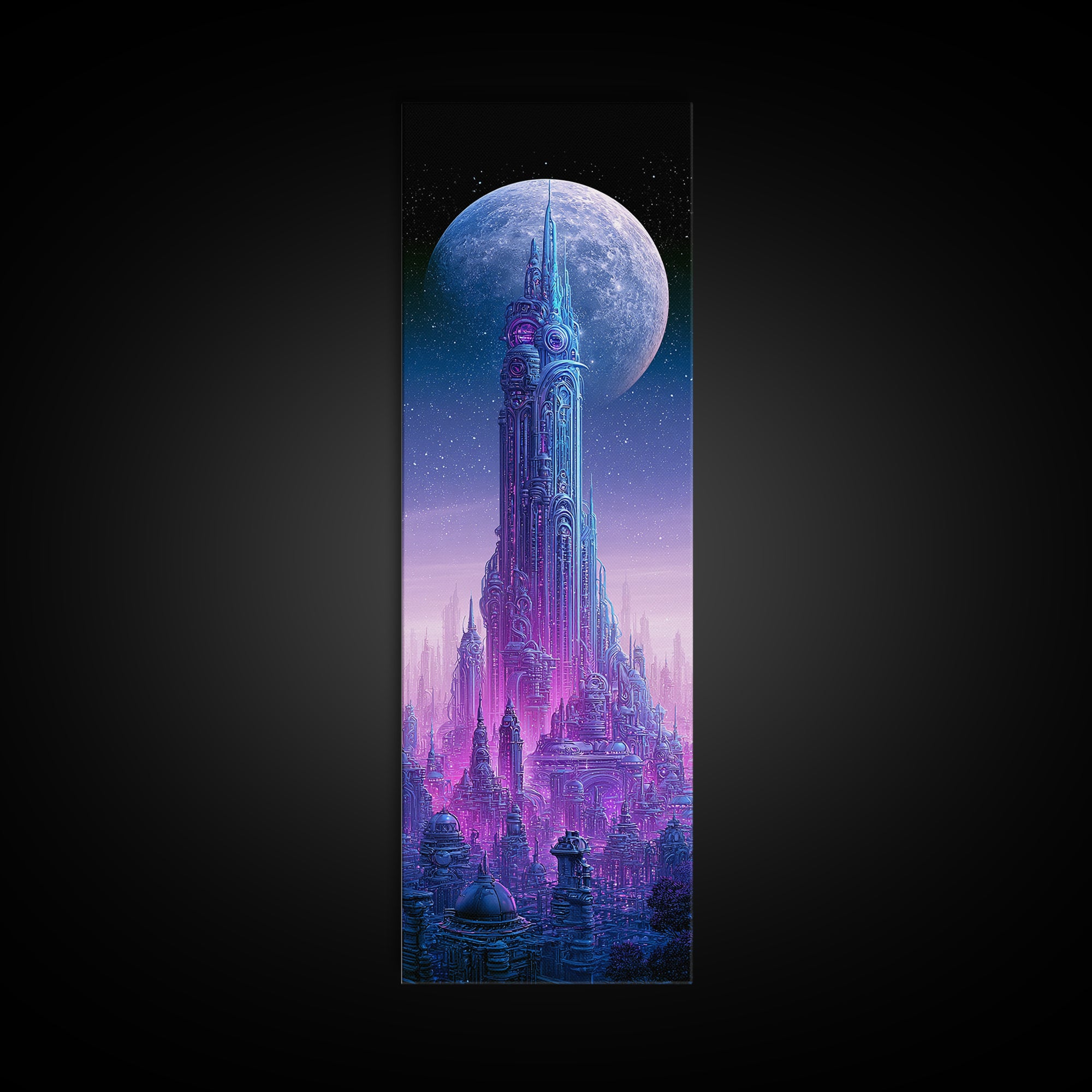 Futuristic City on a Moonlit World Framed Canvas Print, Scifi Art, Ai Art, Living Room Decor, Abstract Art, Orbit, SCI-1x3-15