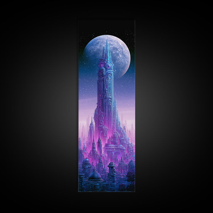 Futuristic City on a Moonlit World Framed Canvas Print, Scifi Art, Ai Art, Living Room Decor, Abstract Art, Orbit, SCI-1x3-15