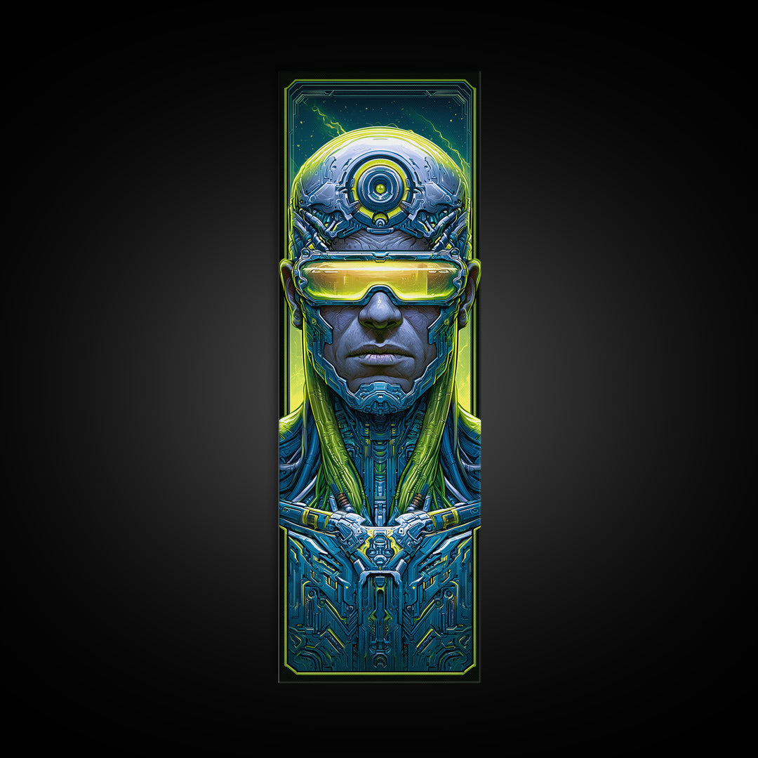 Cyborg Portrait with Reflective Visor Framed Canvas Print, Scifi Art, Wall Art, Living Room Decor, Oil Painting, Orbit, SCI-1x3-45