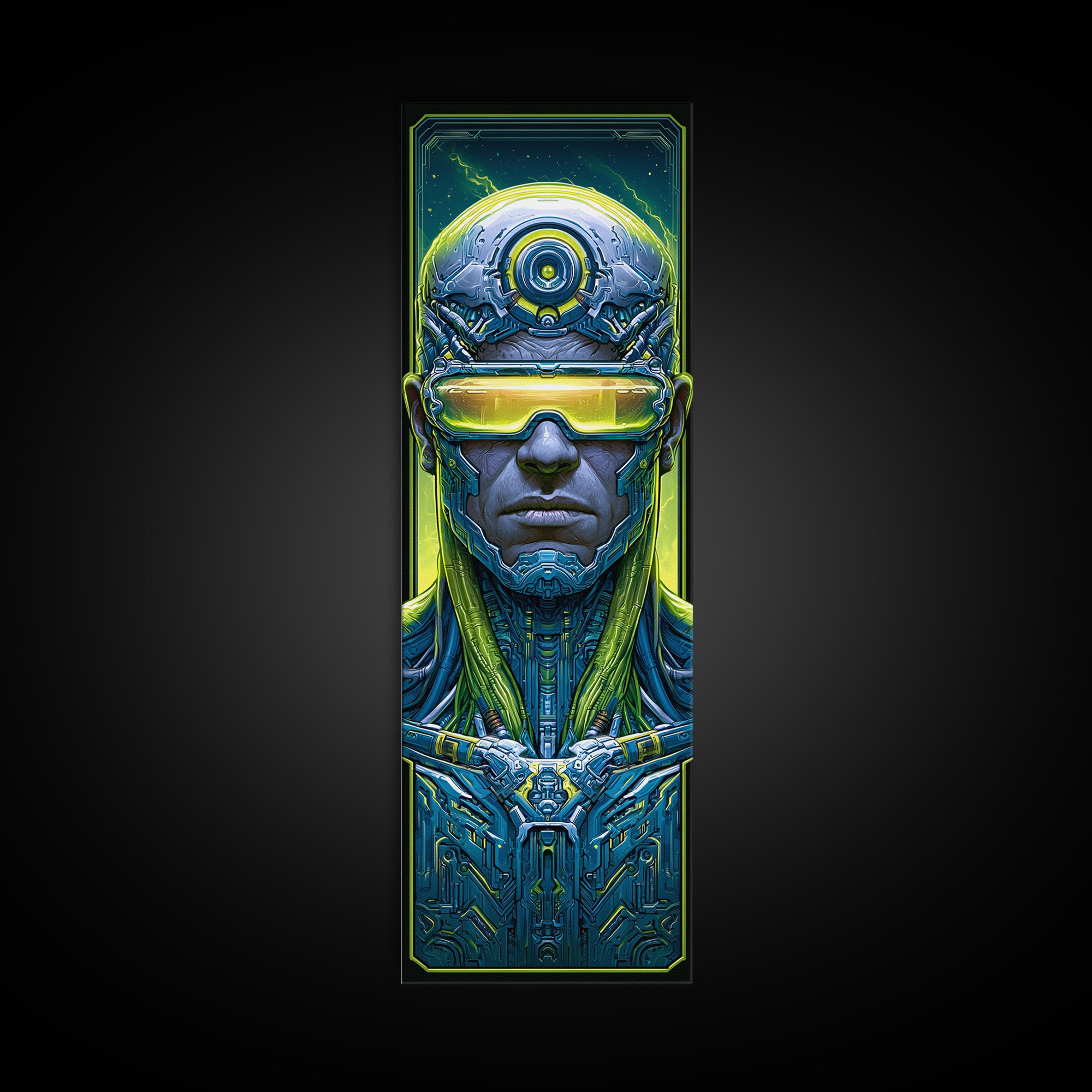 Cyborg Portrait with Reflective Visor Framed Canvas Print, Scifi Art, Wall Art, Living Room Decor, Oil Painting, Orbit, SCI-1x3-45