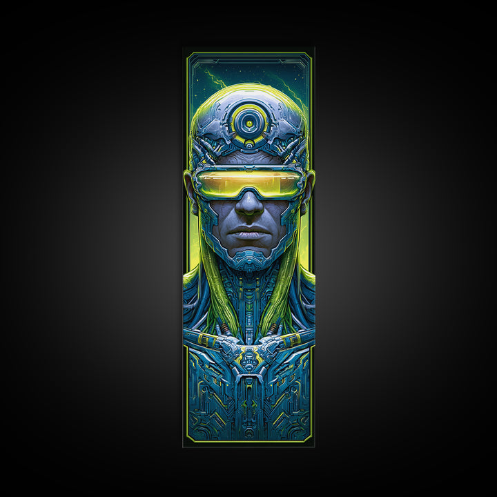 Cyborg Portrait with Reflective Visor Framed Canvas Print, Scifi Art, Wall Art, Living Room Decor, Oil Painting, Orbit, SCI-1x3-45
