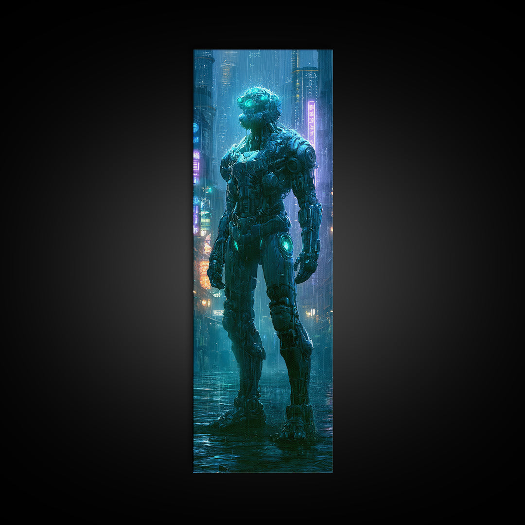 Mech Silhouette in Rainy Neon City Canvas Print, Scifi Art, Weird Art, Living Room Decor, Abstract Art, Orbit, Art Print, SCI-1x3-51