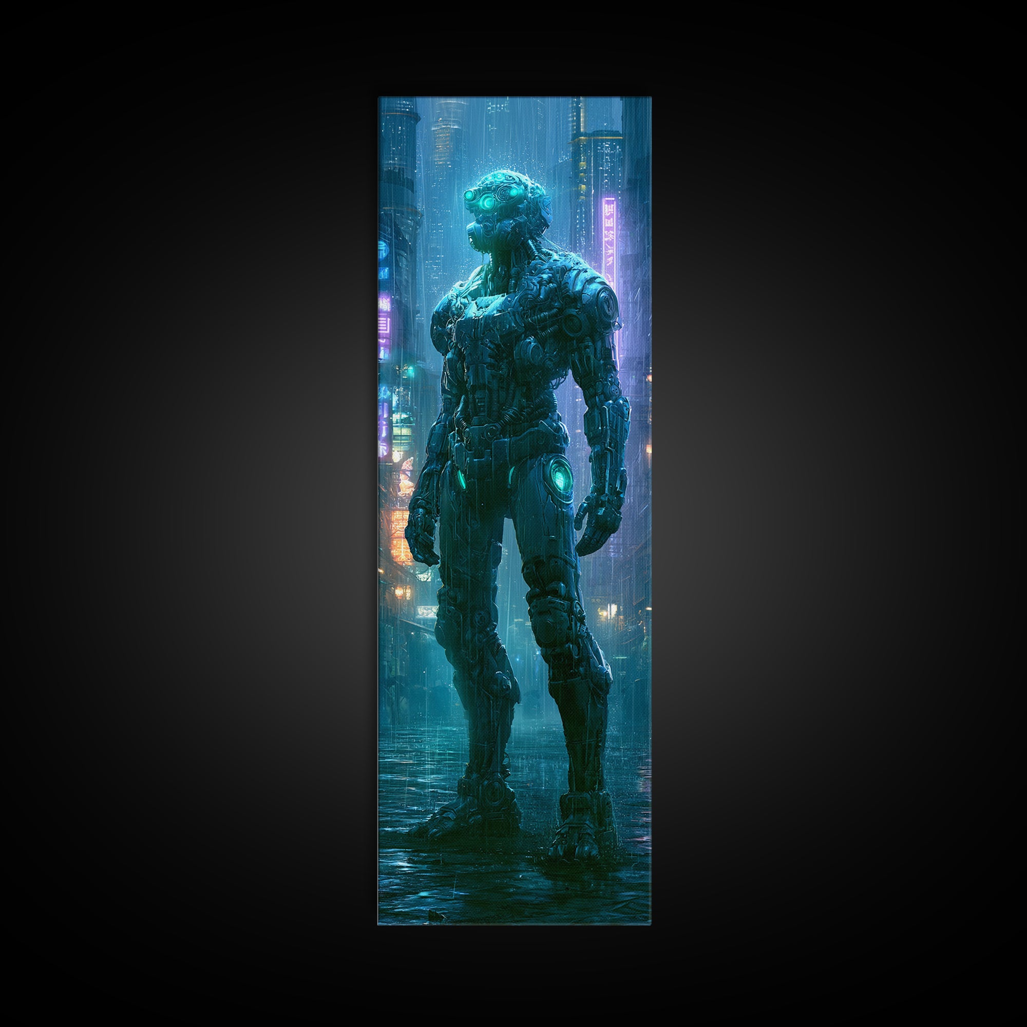 Mech Silhouette in Rainy Neon City Canvas Print, Scifi Art, Weird Art, Living Room Decor, Abstract Art, Orbit, Art Print, SCI-1x3-51
