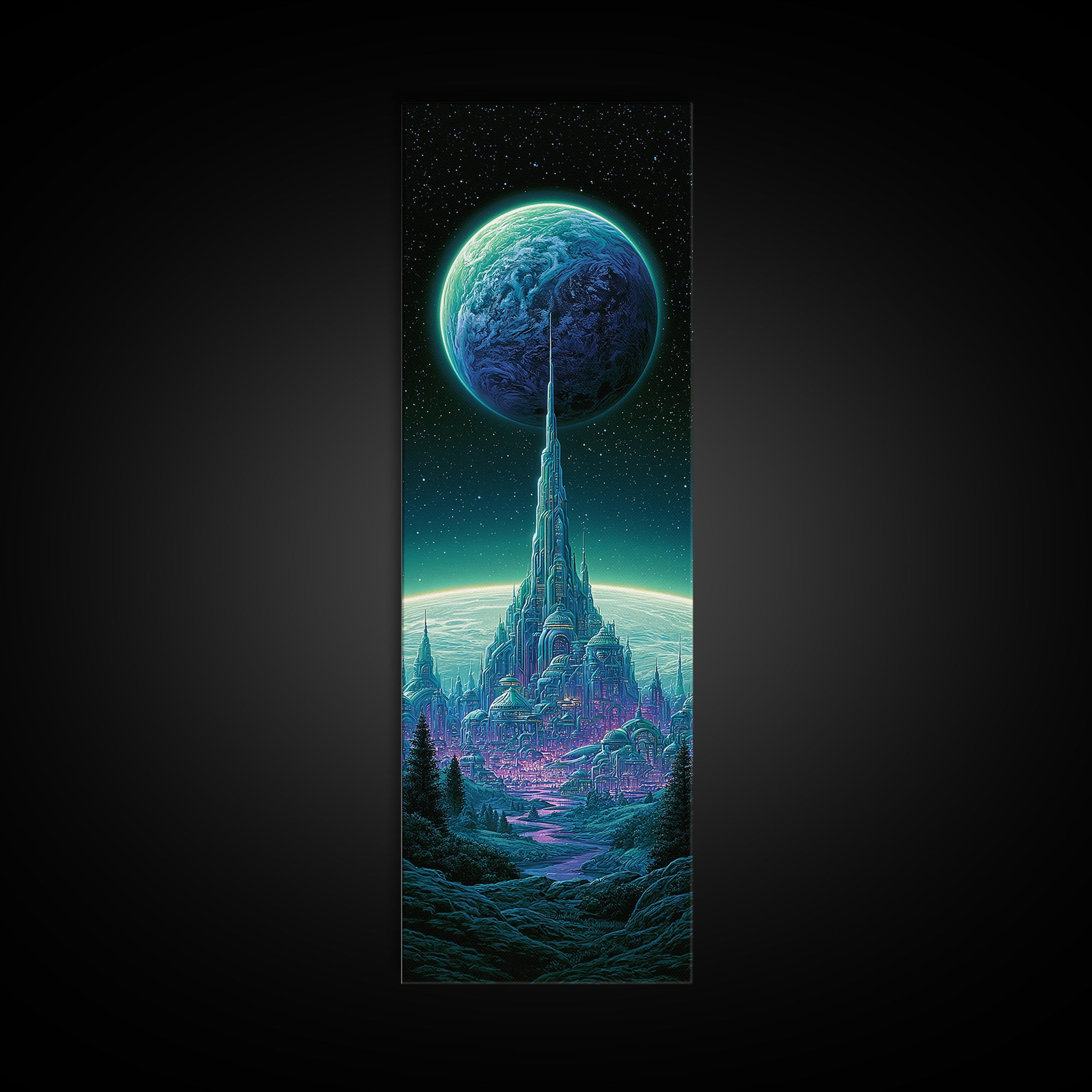 Moon Colony Beneath Earth Rise Framed Canvas Print, Scifi Art, Retro Futurism Art, Living Room Decor, Oil Painting, Orbit, SCI-1x3-54