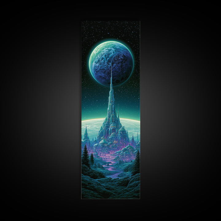 Moon Colony Beneath Earth Rise Framed Canvas Print, Scifi Art, Retro Futurism Art, Living Room Decor, Oil Painting, Orbit, SCI-1x3-54