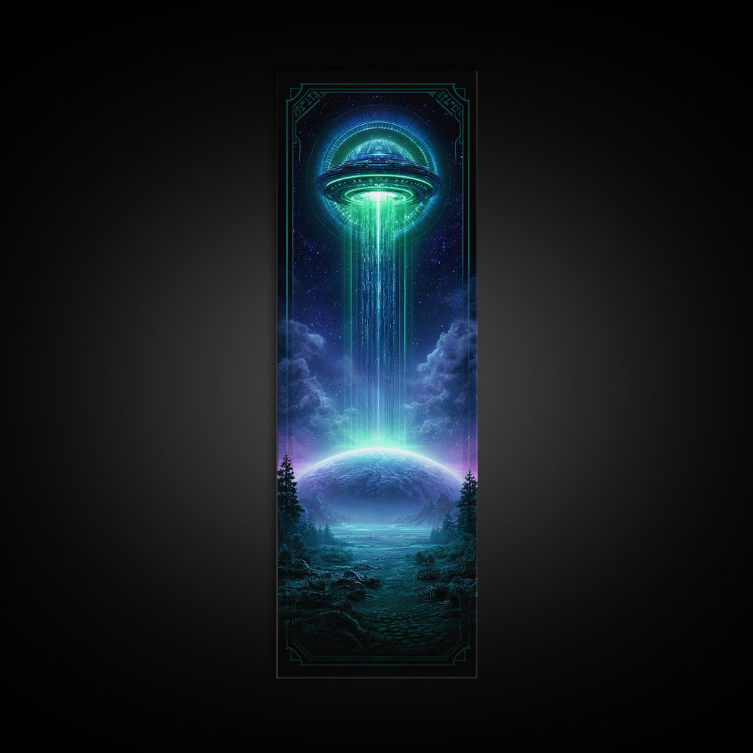 Distant Spaceship Above Alien Desert Planet Framed Canvas Print, Scifi Art, Art, Living Room Decor, Fine Art, Orbit, Modern Art, SCI-1x3-61
