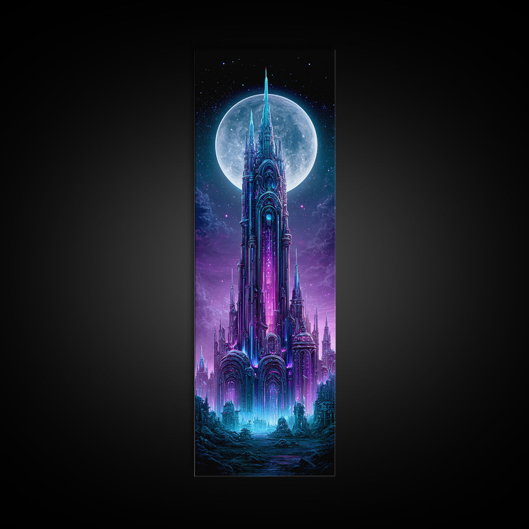 Futuristic City on a Moonlit World Framed Canvas Print, Scifi Art, Statement Artwork, Living Room Decor, Fine Art, Orbit, SCI-1x3-87
