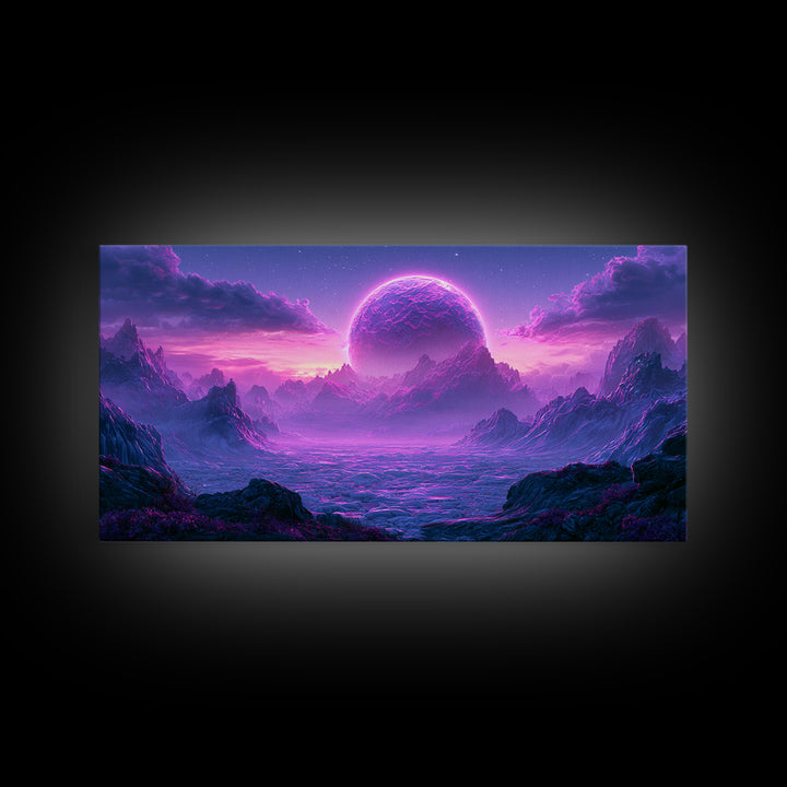 Planetary Sunrise over Ice Cliffs Framed Canvas Print, Scifi Art, Art Print, Living Room Decor, Fine Art, Orbit, Digital Art, SCI-2x1-18