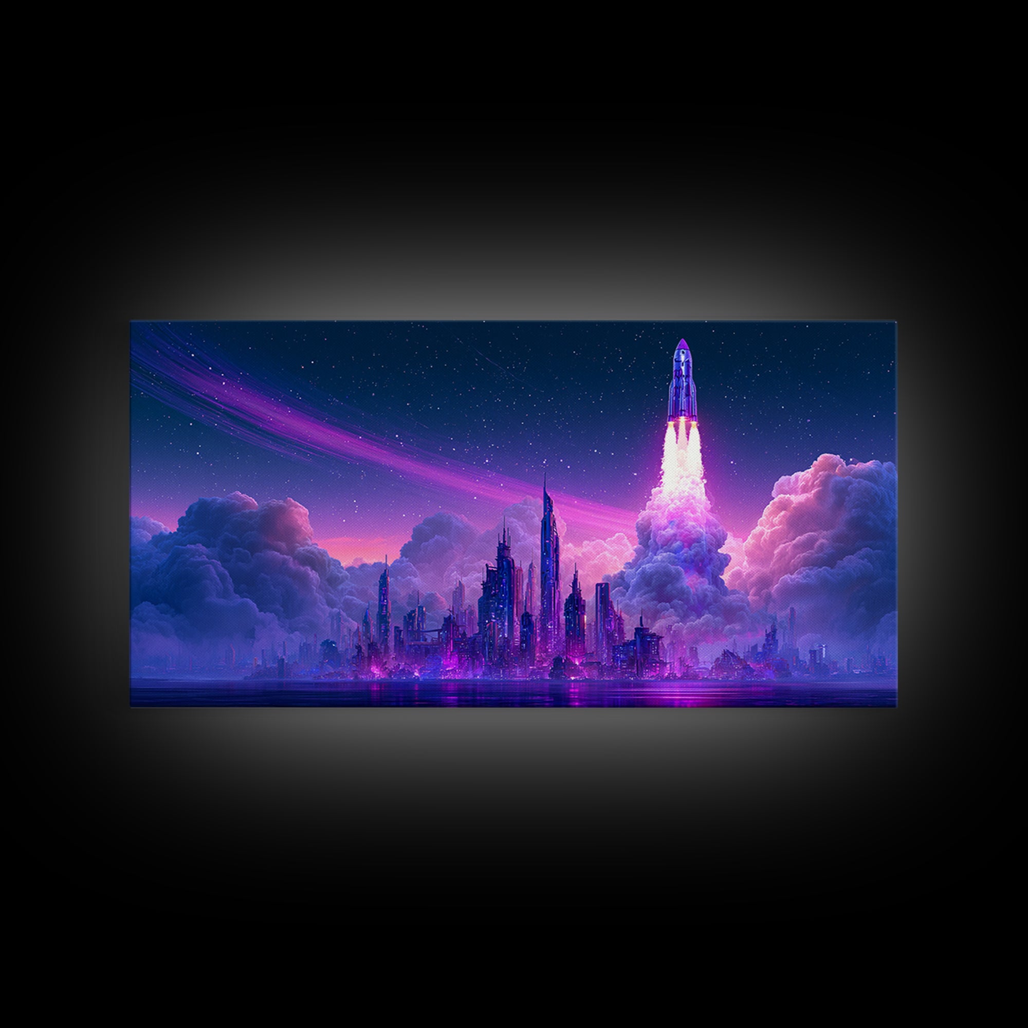 Retro Rocket Launching Through Cloud Rings Framed Canvas Print, Scifi Art, Boho Decor, Living Room Decor, Oil Painting, Orbit, SCI-2x1-27