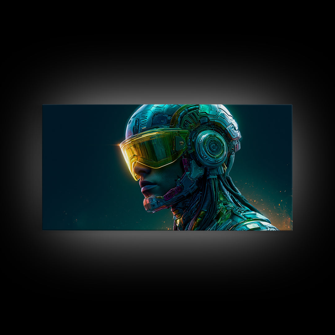 Cyborg Portrait with Reflective Visor Framed Canvas Print, Scifi Art, Original Art, Living Room Decor, Fine Art, Orbit, SCI-2x1-29