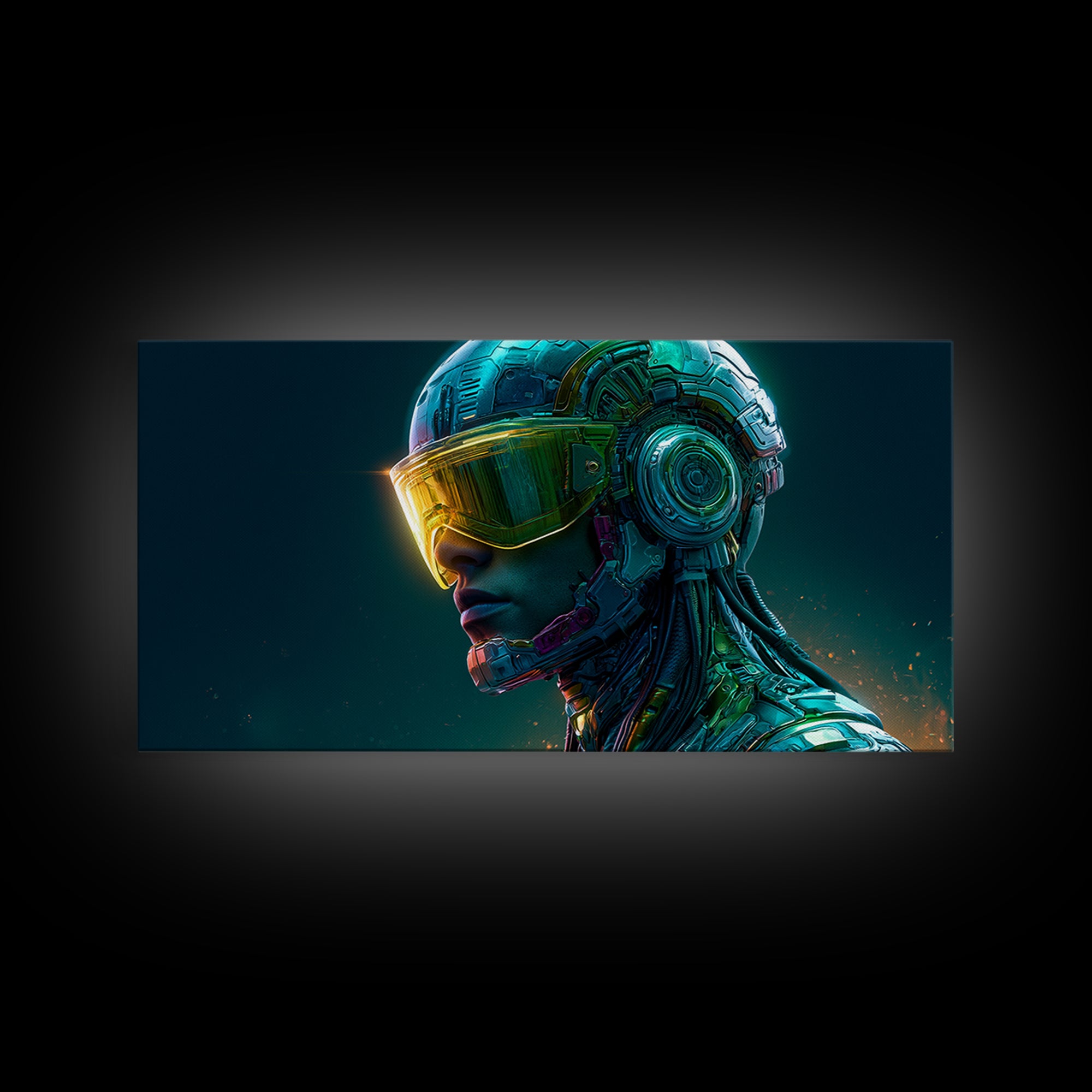 Cyborg Portrait with Reflective Visor Framed Canvas Print, Scifi Art, Original Art, Living Room Decor, Fine Art, Orbit, SCI-2x1-29