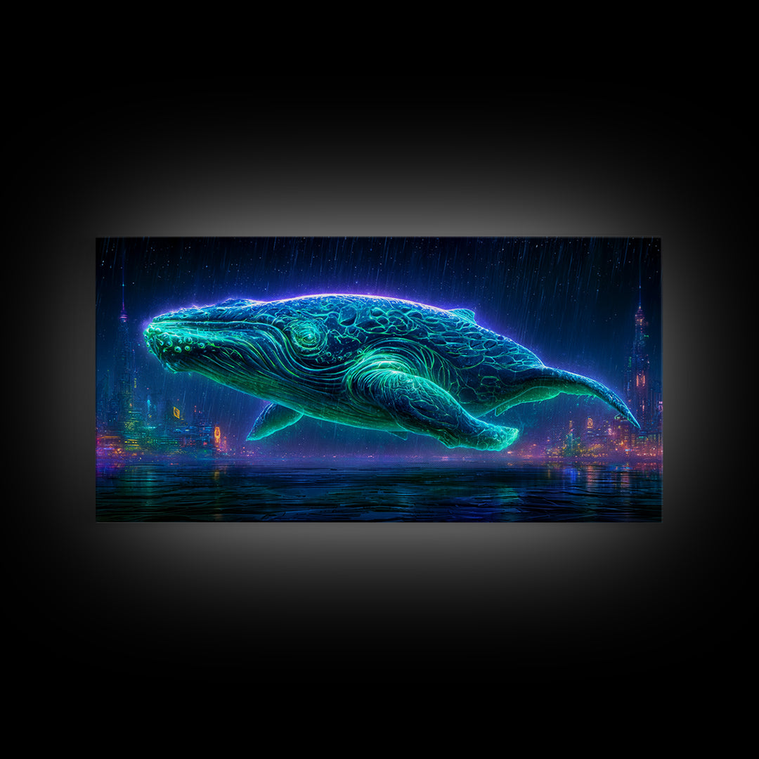 Cosmic Whale Swimming Through Deep Space Framed Canvas Print, Scifi Art, Decor, Living Room Decor, Oil Painting, Orbit, SCI-2x1-60