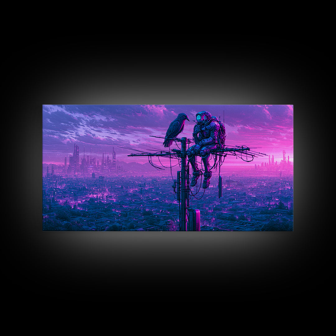 Robot Bird Perched on Antenna Framed Canvas Print, Scifi Art, Gallery Decor, Living Room Decor, Fine Art, Orbit, Wall Art, SCI-2x1-67