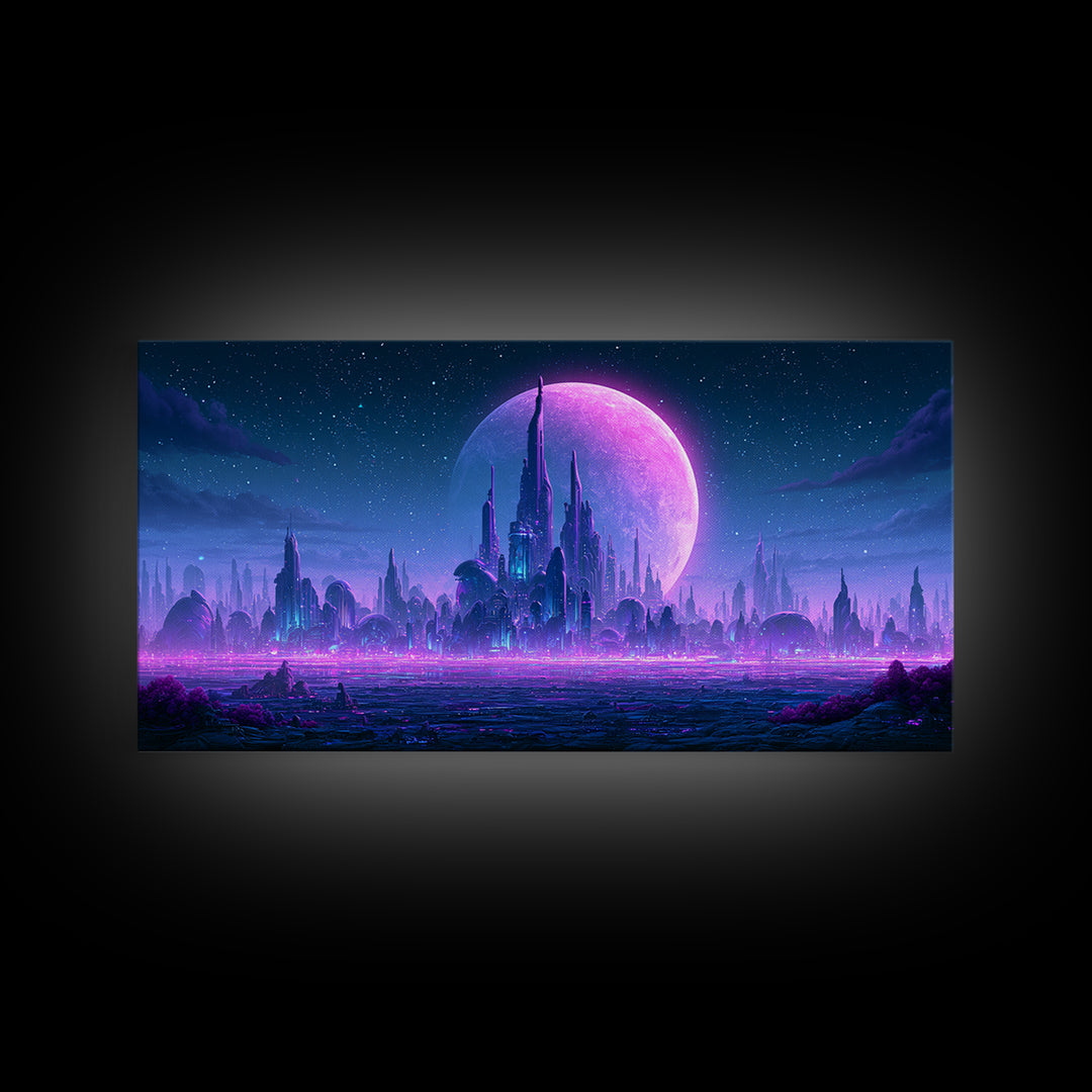 Futuristic City on a Moonlit World Canvas Print, Scifi Art, Weird Art, Living Room Decor, Abstract Art, Orbit, Art Print, SCI-2x1-71