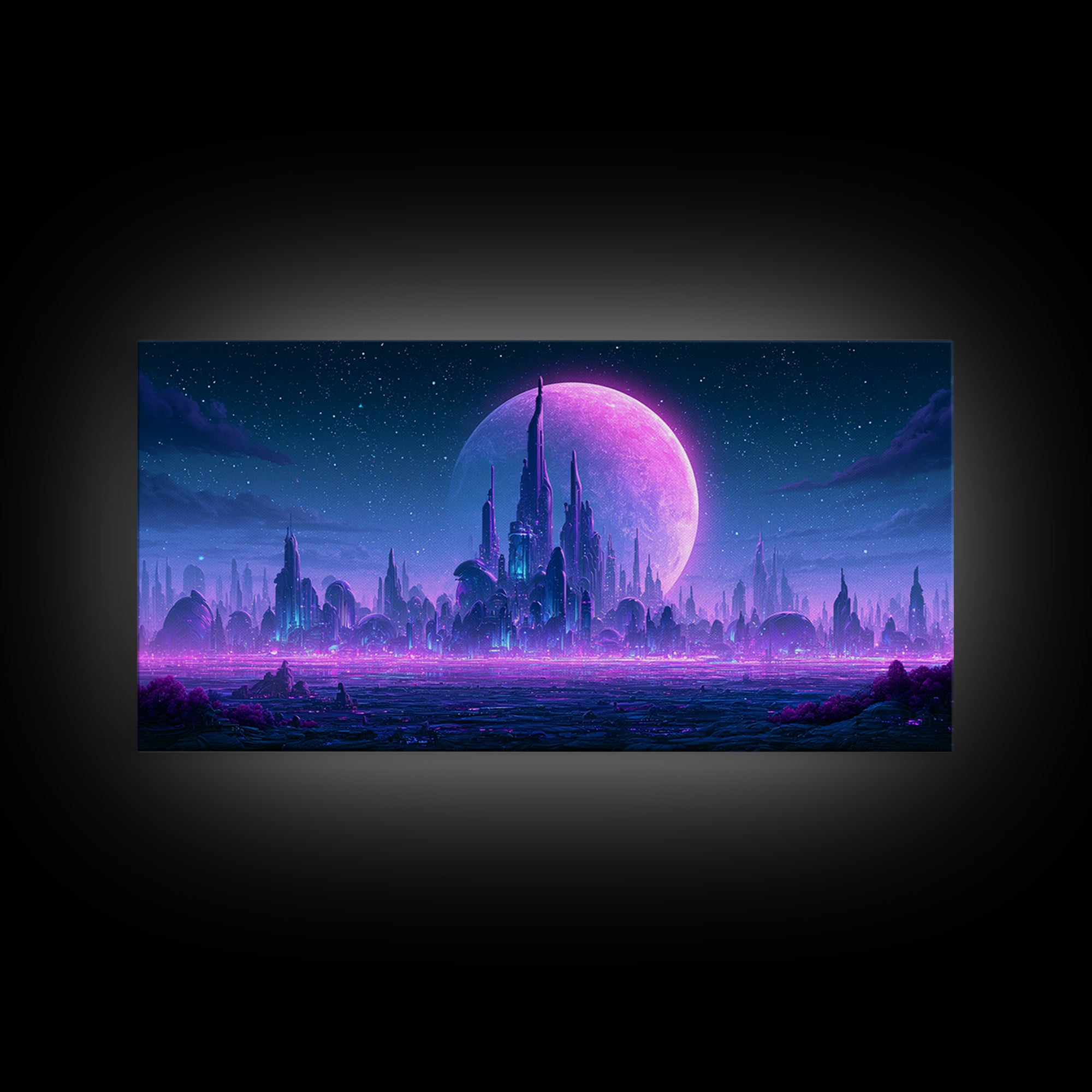 Futuristic City on a Moonlit World Canvas Print, Scifi Art, Weird Art, Living Room Decor, Abstract Art, Orbit, Art Print, SCI-2x1-71