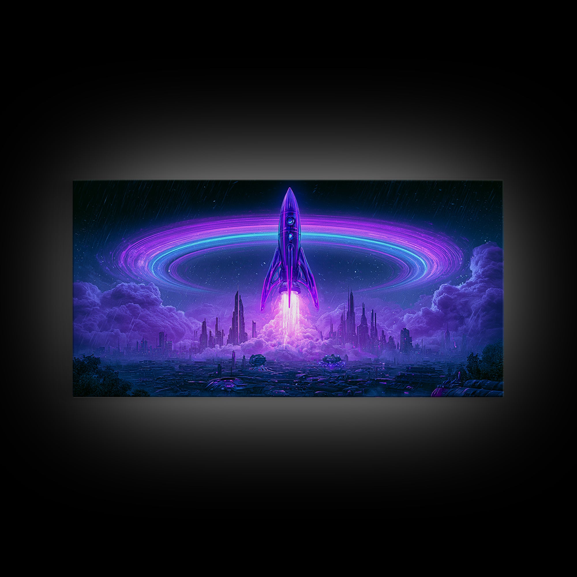 Retro Rocket Launching Through Cloud Rings Framed Canvas Print, Scifi Art, Art Print, Living Room Decor, Fine Art, Orbit, SCI-2x1-75