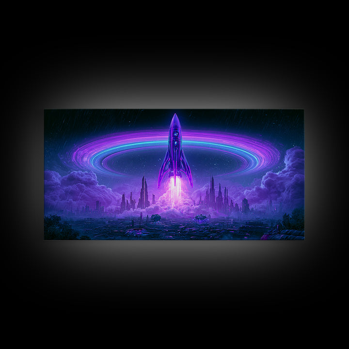 Retro Rocket Launching Through Cloud Rings Framed Canvas Print, Scifi Art, Art Print, Living Room Decor, Fine Art, Orbit, SCI-2x1-75