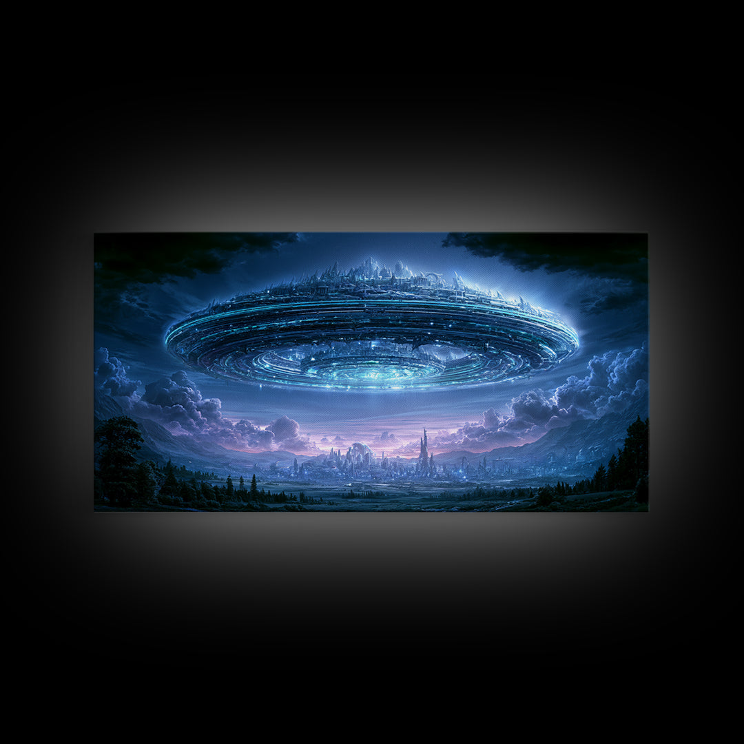 Giant Ring World Seen from a Valley Canvas Print, Scifi Art, Modern Art, Living Room Decor, Fine Art, Orbit, Retro Futurism Art, SCI-2x1-76